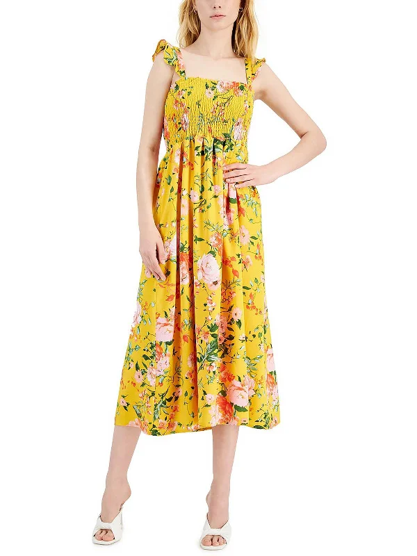 Womens Floral Print Polyester Midi Dress Stylish Pleated Skirt Midi Dress