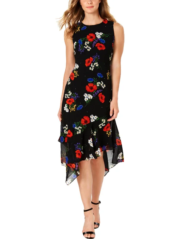 Womens Floral Print Ruffled Midi Dress Stylish Silk Midi Dress