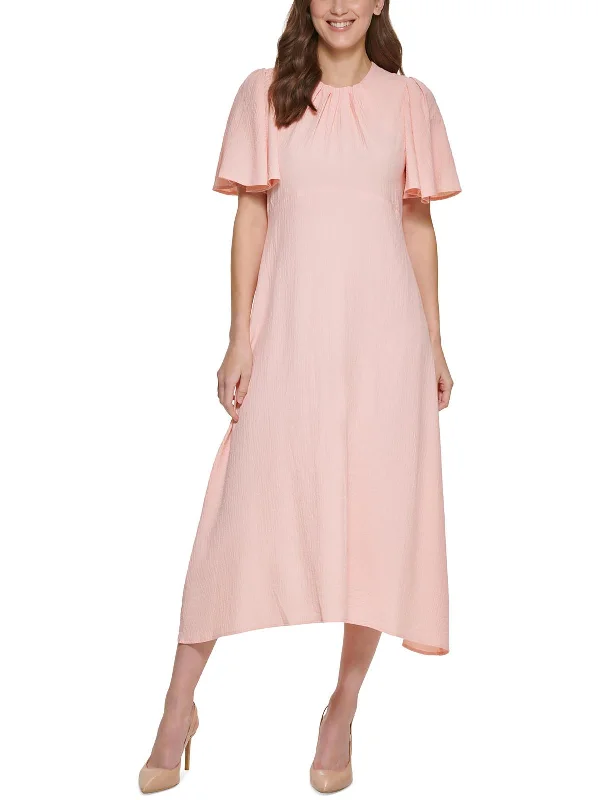 Womens Flutter Sleeve Calf Midi Dress Fashionable A-Line Midi Dress