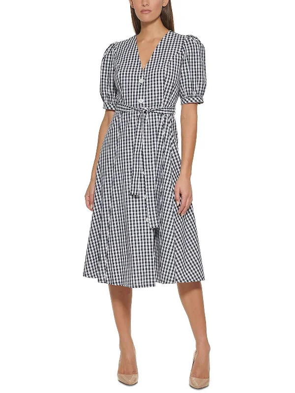 Womens Gingham Elbow Sleeves Midi Dress Cozy Wide Strap Midi Dress