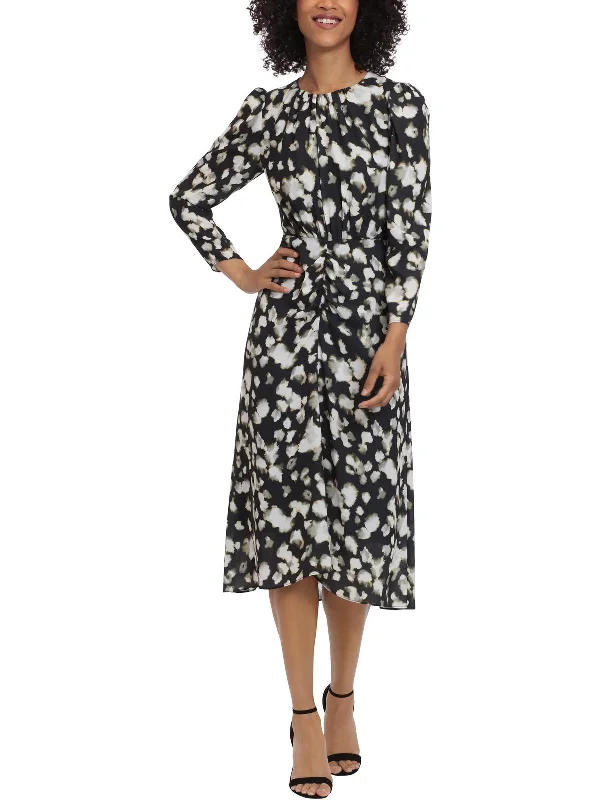 Womens Printed Ruched Midi Dress Comfortable Fit-and-Flare Midi Dress