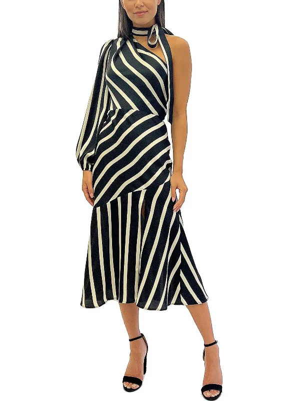 Womens Satin Striped Midi Dress Comfortable Fit-and-Flare Midi Dress