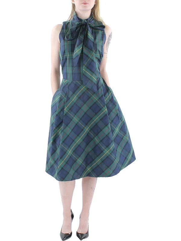 Womens Taffeta Plaid Midi Dress Trendy Square Neck Midi Dress