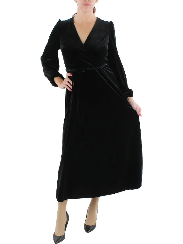 Womens Velvet Long Sleeves Midi Dress Fashionable Polka Dot Midi Dress