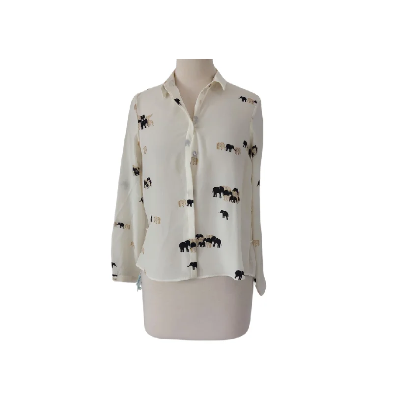 ZARA Cream Elephant Print Semi-sheer Collared Shirt | Gently Used | Fashionable Tied Short Sleeve