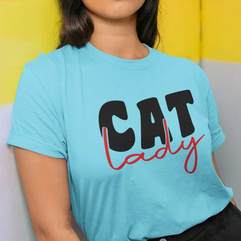 Cat Lady Round Neck Half Sleeve Classic T-Shirt Mesh Blend Leather Blend Suede Blend