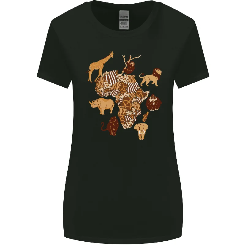 Africa Wildlife Map Giraffe Rhino Ape Elephant Lion Womens Wider Cut T-Shirt Fleece Nylon Spandex Africa Wildlife Map Giraffe Rhino Ape Elephant Lion Womens Wider Cut T-Shirt Fleece Nylon Spandex