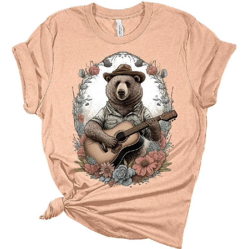 Womens Cottagecore Shirt Bear Playing Guitar T-Shirt Cute Floral Graphic Tee Short Sleeve Top Hooded Caped Shawl Collar