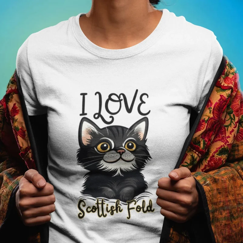 I Love Scottish Fold Round Neck Half Sleeve Classic T-Shirt Collared Crew Neck Turtle Neck