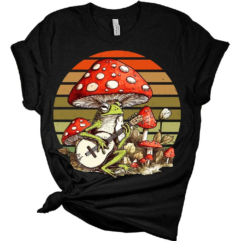 Cottagecore Frog Playing Guitar Vintage Sunset T-Shirt Collared Crew Neck Turtle Neck