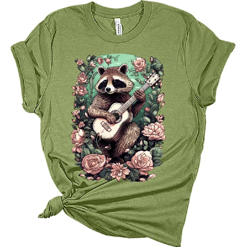 Womens Raccoon Playing Guitar Boho Groovy Shirt Cottagecore Clothing Animal Playing Music T-Shirts Cute Short Sleeve Graphic Tees Plus Size Summer Tops Polka Dot Checkered Tartan