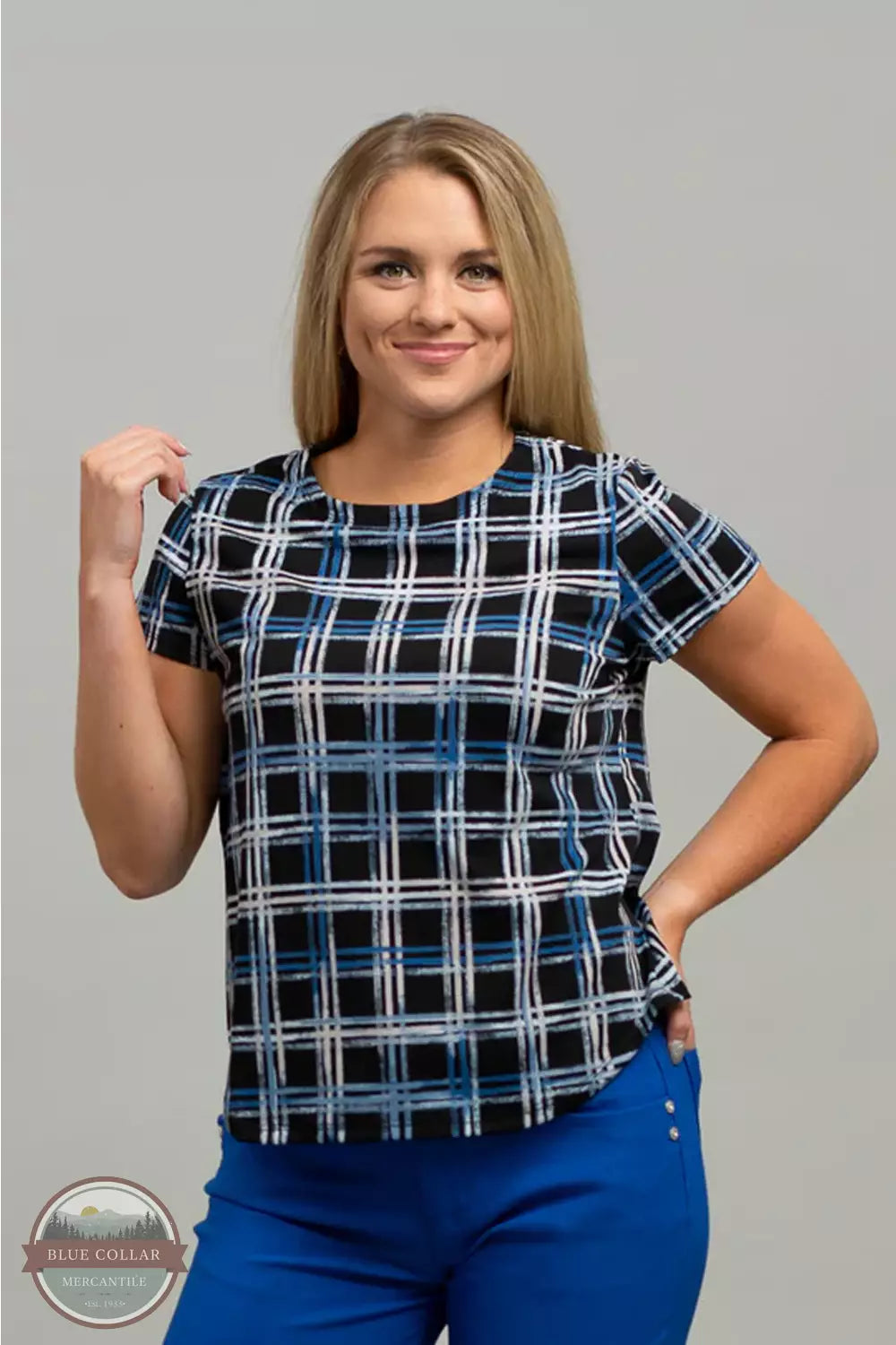 T2982241 Blue Plaid T-Shirt Ribbed Striped Patterned