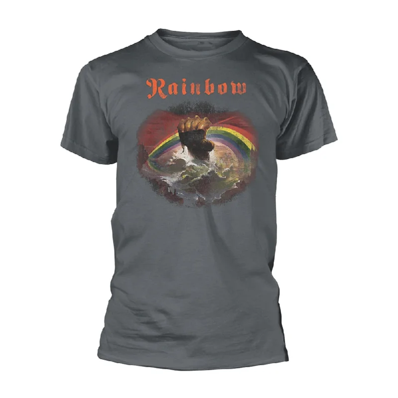 Rainbow | Official Band T-Shirt | Rising Distressed (Charcoal) Zippered Front Buttoned Front Snap Front Rainbow | Official Band T-Shirt | Rising Distressed (Charcoal) Zippered Front Buttoned Front Snap Front