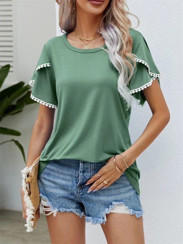 Round Neck Tassel Tulip Sleeve T-Shirt Casual Top Women Plaid T-Shirt Polka Dot Checkered