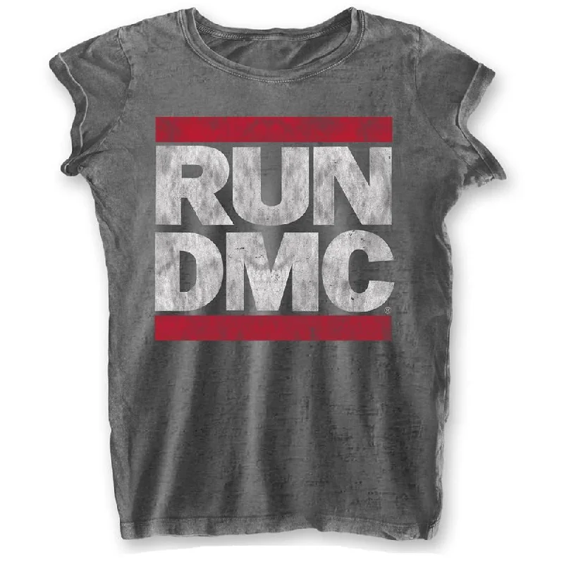 Run DMC Ladies T-Shirt: DMC Logo (Burn Out) Satin Blend Silk Blend Wool Blend