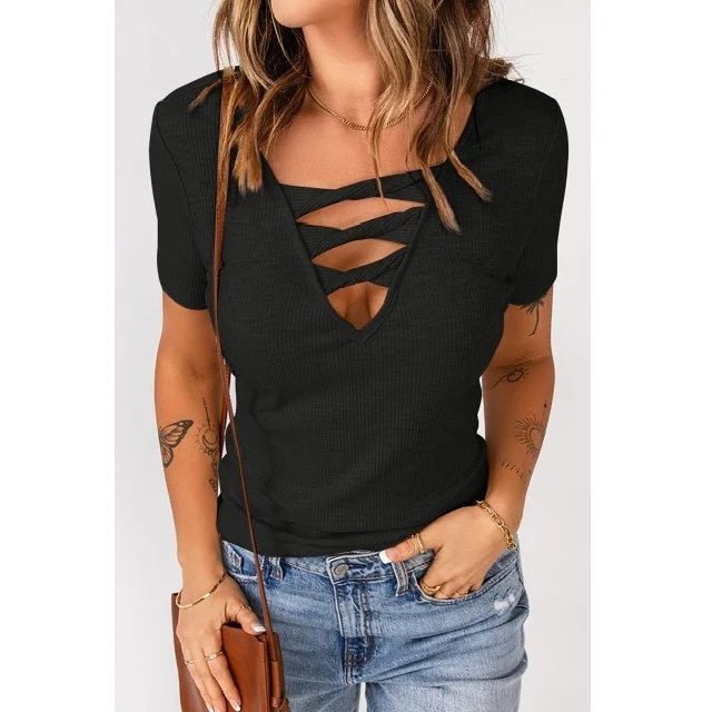 Shredded Ribbed Knit T-Shirt Cozy Warm Stylish