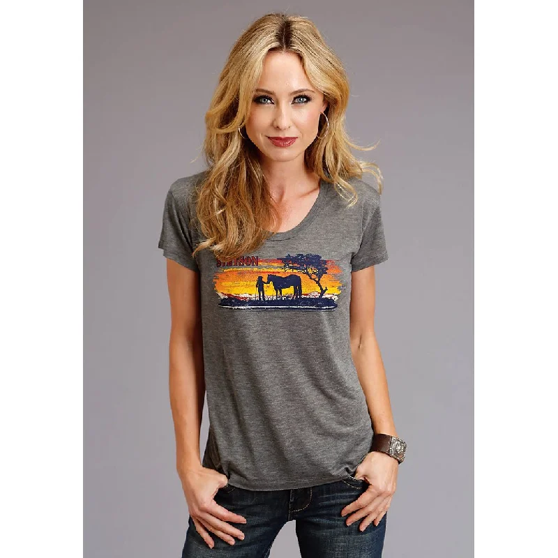 Stetson Girl & Horse Screen Print Women's Grey T-Shirt Lace Blend Ribbed Blend Corduroy Blend