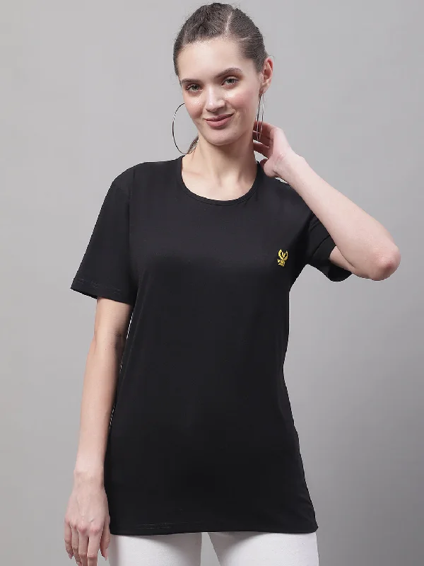 Vimal Jonney Round Neck Cotton Solid Black T-Shirt for Women Notch Collar Peter Pan Collar Cowl Neck