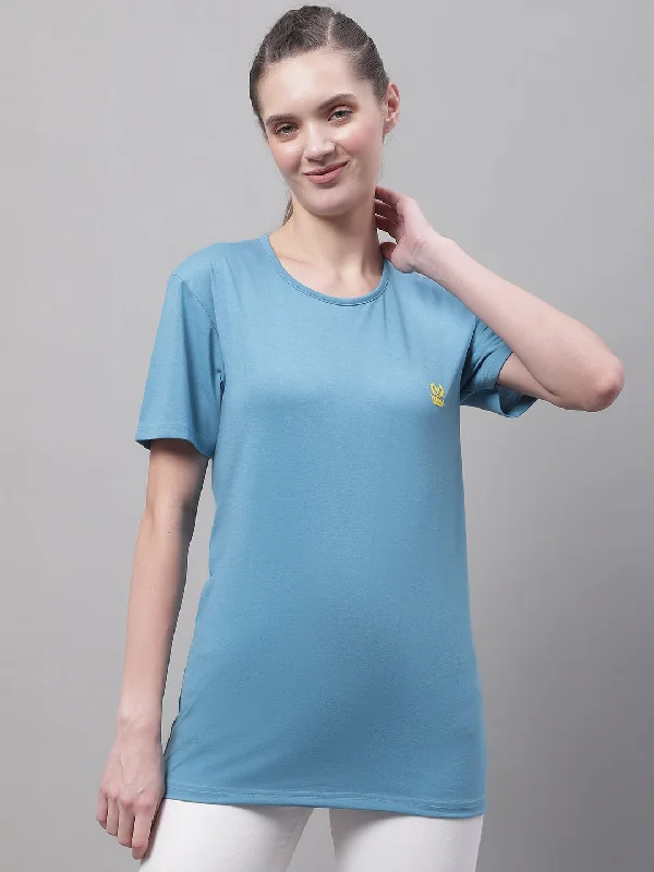 Vimal Jonney Round Neck Cotton Solid Blue T-Shirt for Women Graphic Embroidered Appliqued