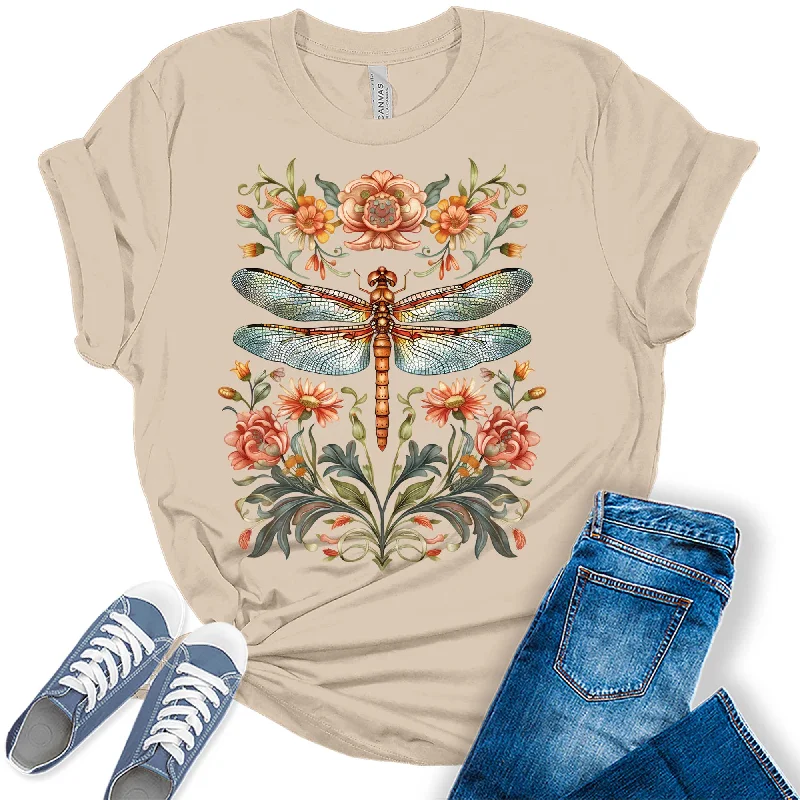 Trendy Floral Dragonfly Summer Boho Womens Graphic Tees Oversized T-Shirt Spandex breathable