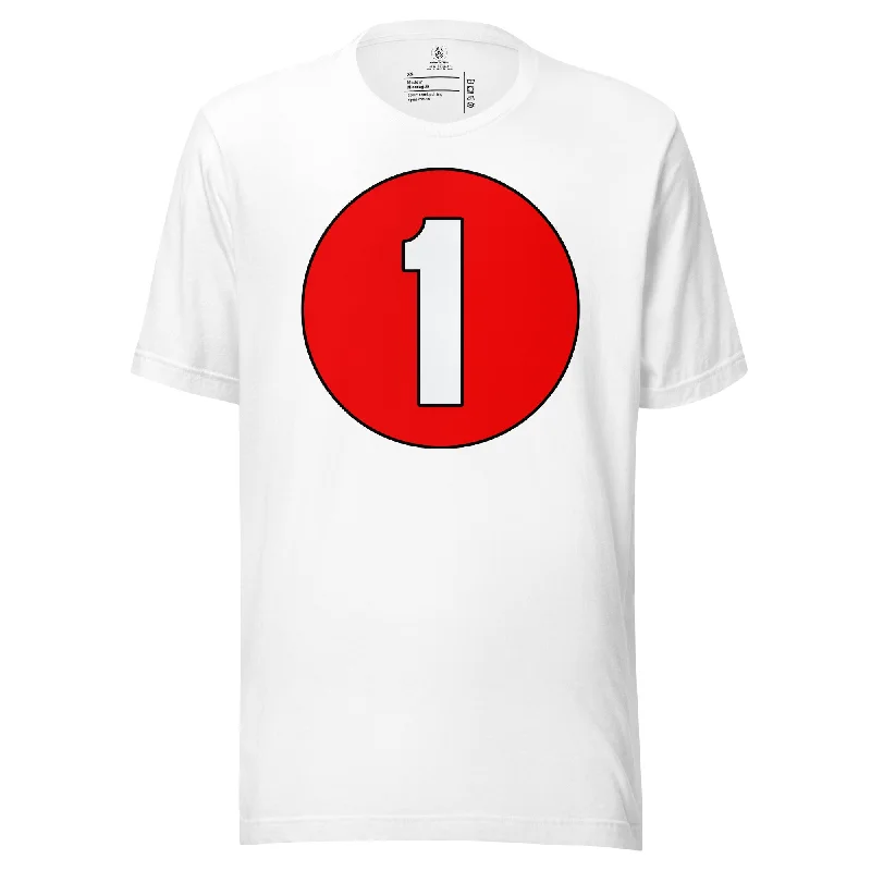 Unisex t-shirt: White on Red 1 Notch Collar Peter Pan Collar Cowl Neck