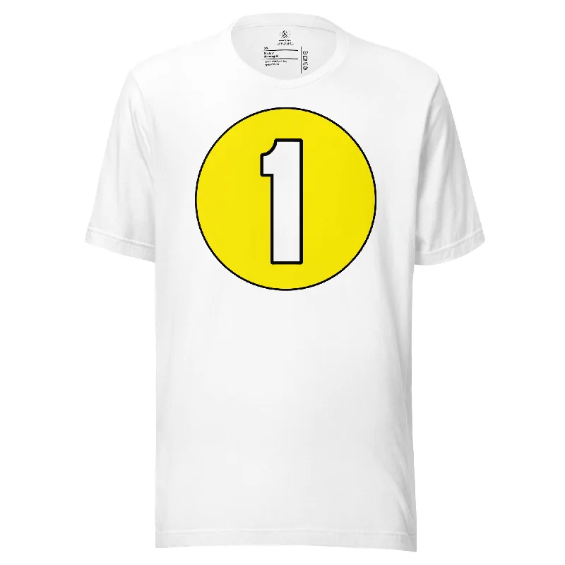 Unisex t-shirt: White on Yellow 1 Front Pockets Side Pockets Patch Pockets