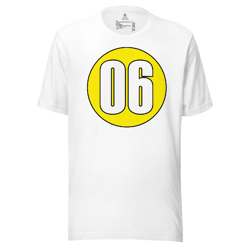 Unisex t-shirt: White on Yellow 06 Zippered Buttoned Snapped