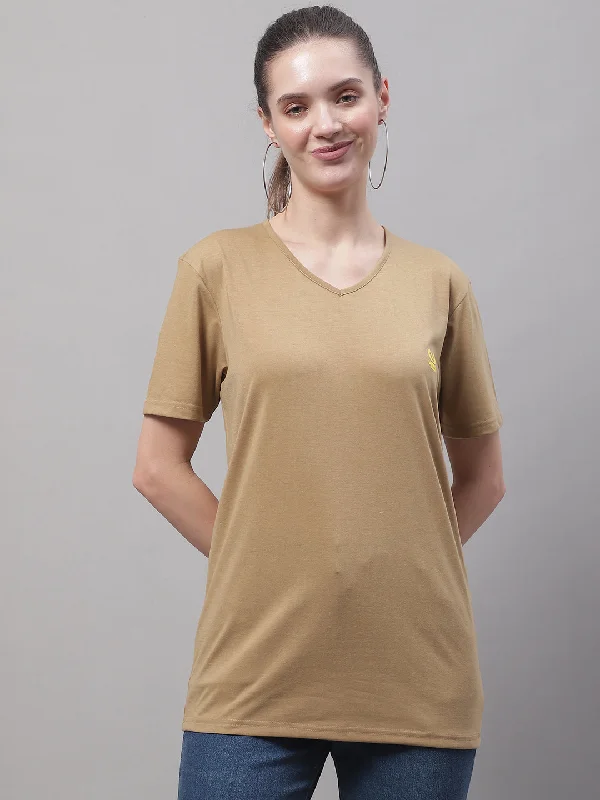 Vimal Jonney V Neck Cotton Solid Mud T-Shirt for Women Mesh Blend Leather Blend Suede Blend