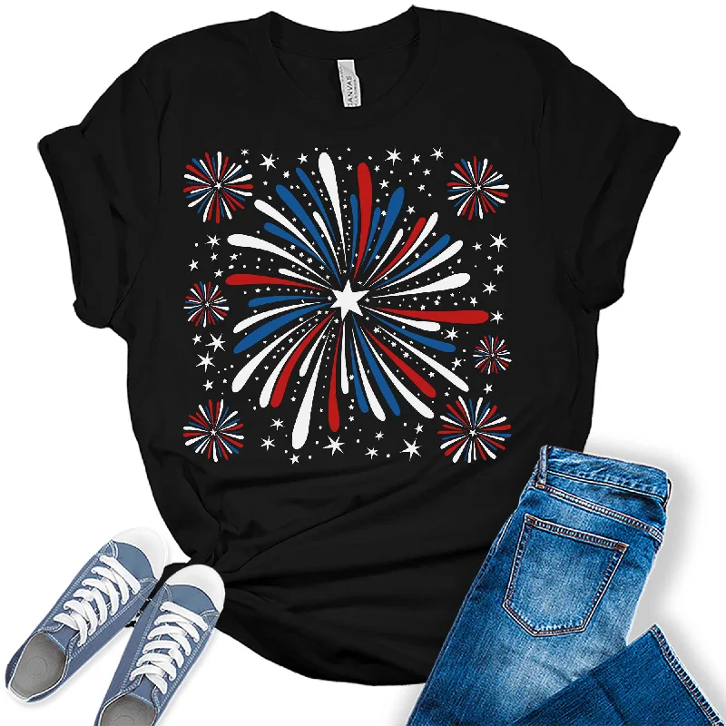 Womens 4th Of July Trendy Fireworks Patriotic Graphic Tees Welt Pockets Slit Pockets Flap Pockets