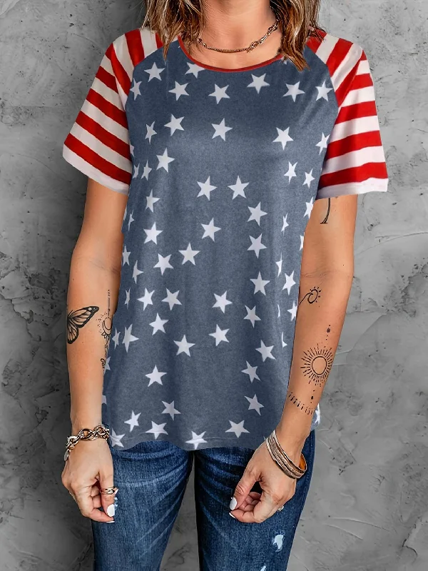 Women's Stars and Stripes Round Neck Short-Sleeved T-Shirt Solid Print Embellished