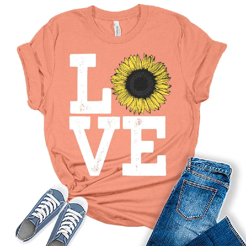 Womens Sunflower Casual Ladies Cute Floral Love Graphic Tees Spring Short Sleeve Plus Size Summer Tops for Women Hooded Caped Shawl Collar