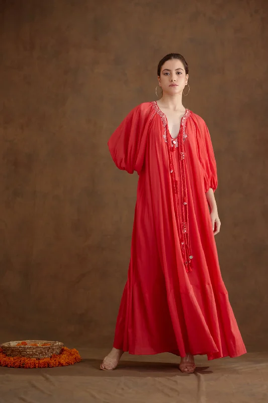 Coral Hand Embroidered Maxi Dress Trendy Maxi Dress with Lace