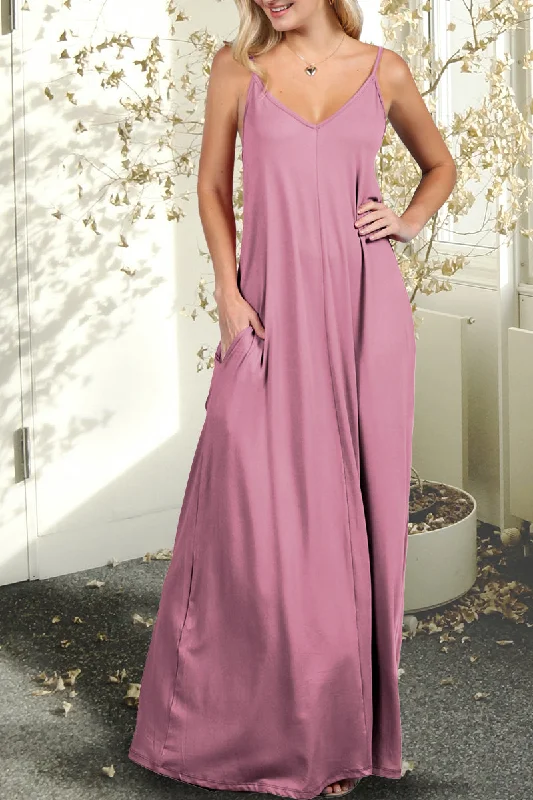 WOMENS SLEEVELESS CAMISOLE NECKLINE MAXI DRESS WITH SPAGHETTI STRAP AND 2 SIDE HAND POCKETS Fashionable Sheer Maxi Dress