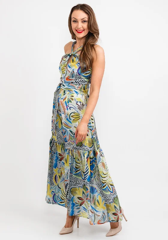 Camelot Halter Neck Leaf Print Satin Maxi Dress, Green Multi Fashionable Open-Back Maxi Dress