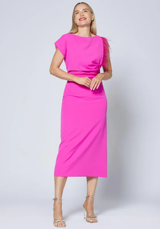 Caroline Kilkenny Trish Feather Shoulder Maxi Dress, Lipstick Pink Classic V-Neck Maxi Dress