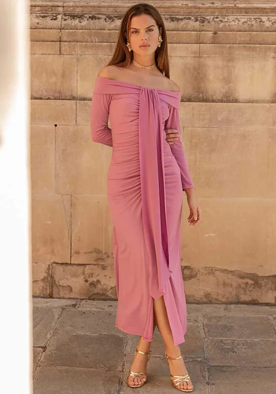 Cayro Florence Ruched Maxi Dress, Mauve Stylish Long Sleeve Maxi Dress