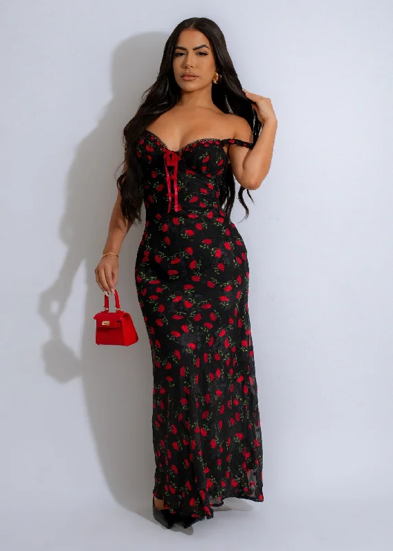 Crimson Blooms Maxi Dress Black Cozy Ribbed Maxi Dress