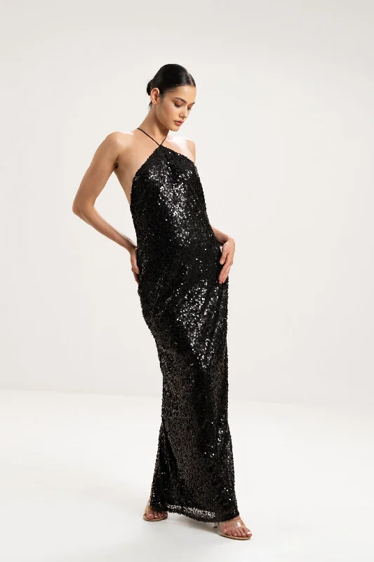 CROSS-NECK SEQUIN MAXI DRESS Chic Button-Up Maxi Dress