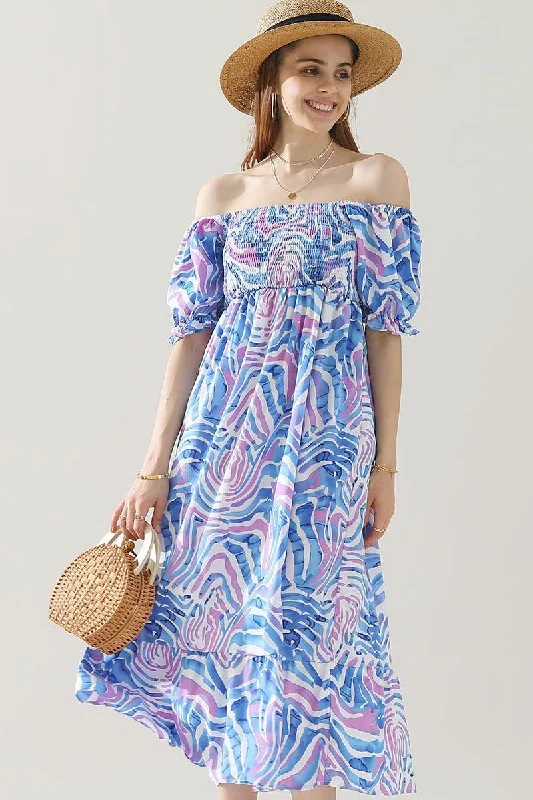 MABLE PATTERN OFF SHOULDER FLARE MAXI DRESS Trendy Fit-and-Flare Maxi Dress