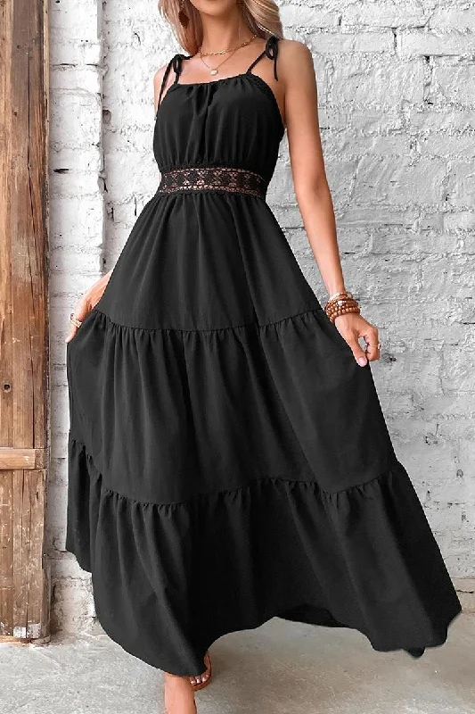 TIED STRING SPAGHETTI STRAP LACE WAIST MAXI DRESS Cozy Ruffle Sleeve Maxi Dress