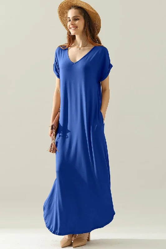 SHORT SLEEVE V-NECK MAXI DRESS WITH SIDE SLIT Comfortable Casual Maxi Dress