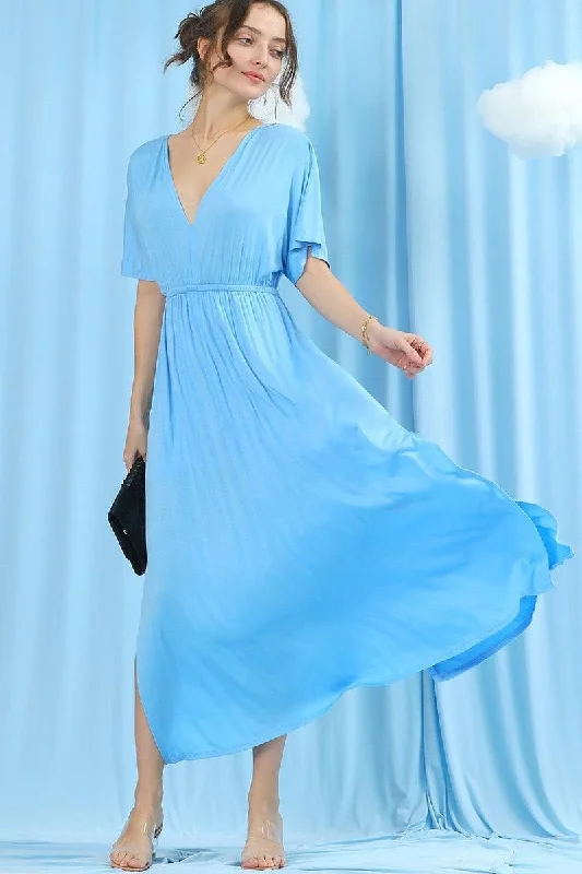 V NECK SHORT SLEEVE BACK BOW TIE EMPIRE MAXI DRESS Fashionable Faux Wrap Maxi Dress