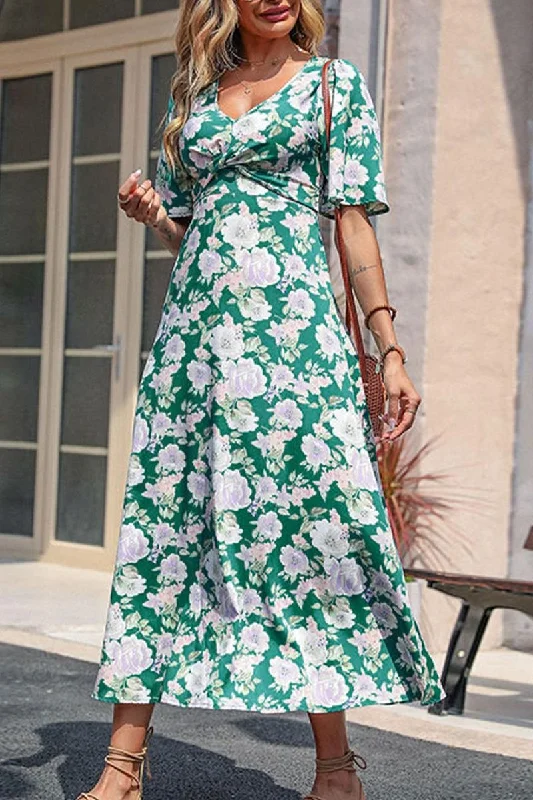 WOMEN HIGH EMPIRE WAIST FLORAL MAXI DRESS Trendy Button Front Maxi Dress