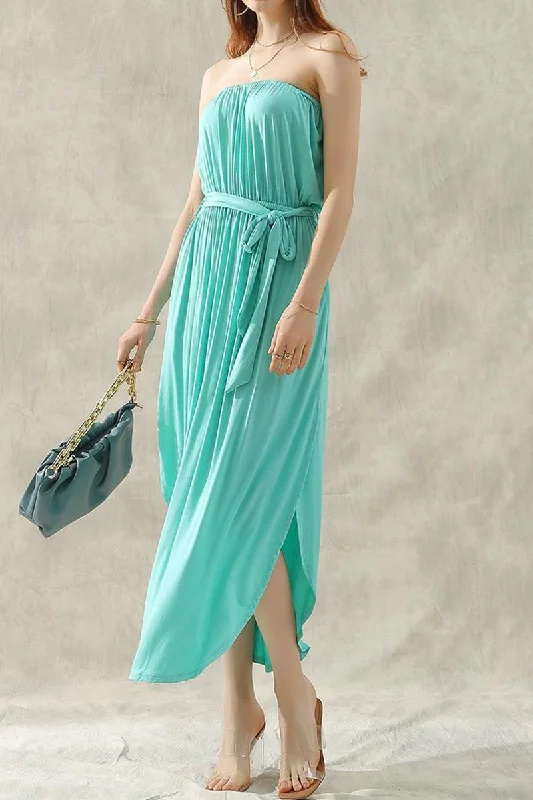 OFF SHOULDER TUBE TOP MAXI DRESS WITH WAIST STRAP Trendy Maxi Dress with Belt