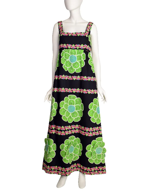 Design Thai Vintage Vivid Bright Green 3D Flower Black Cotton Maxi Dress Comfortable Cotton Maxi Dress