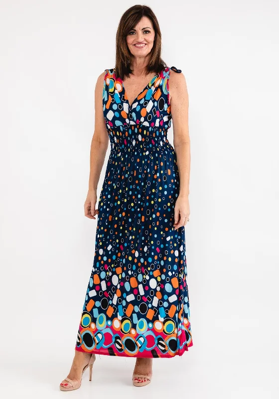 Seventy1 Multi Circle Print Maxi Dress, Navy Multi Trendy Maxi Dress with Bow