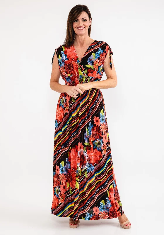 Seventy1 Stripe & Floral Maxi Dress, Black & Coral Multi Trendy Maxi Dress with Lace