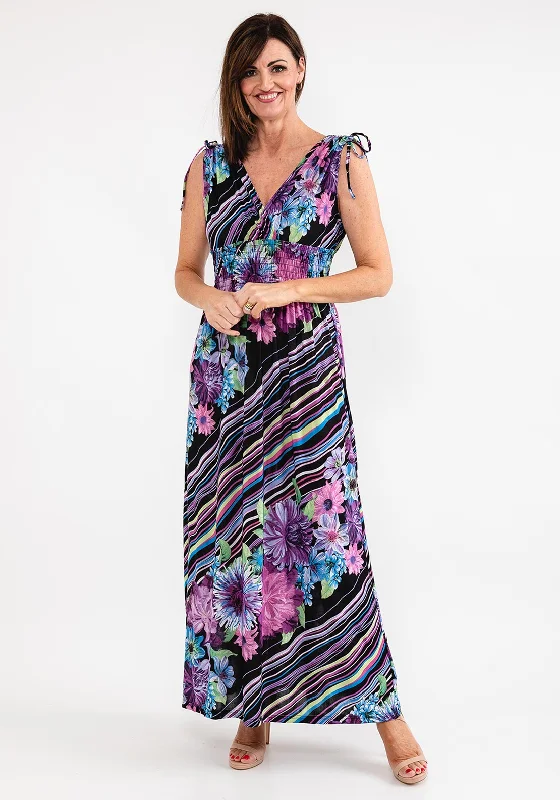 Seventy1 Stripe & Floral Maxi Dress, Black & Lilac Multi Trendy Floral Print Maxi Dress