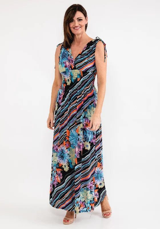 Seventy1 Stripe & Floral Maxi Dress, Black Multi Comfortable Ruffle Hem Maxi Dress