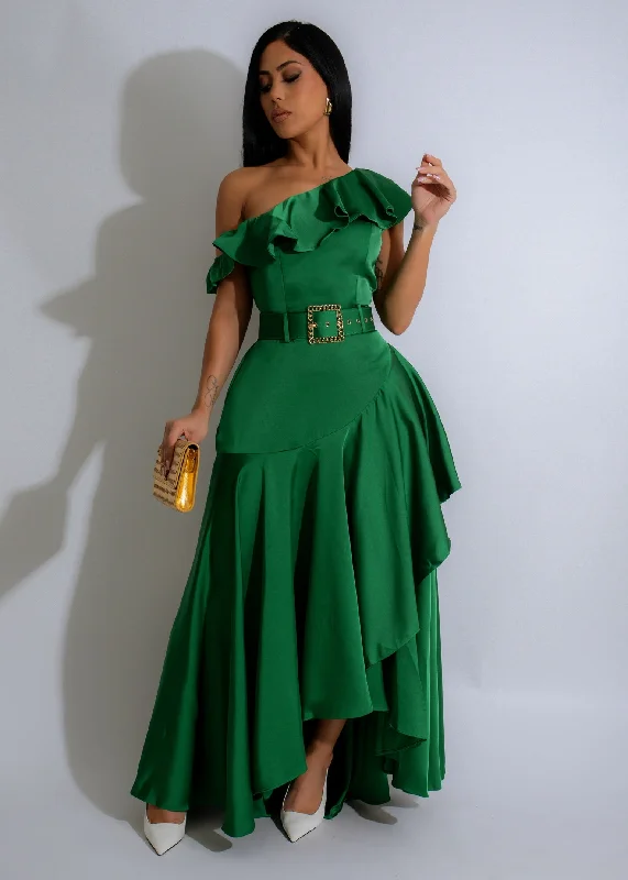 Emerald Rhapsody Satin Maxi Dress Green Stylish Off-Shoulder Maxi Dress